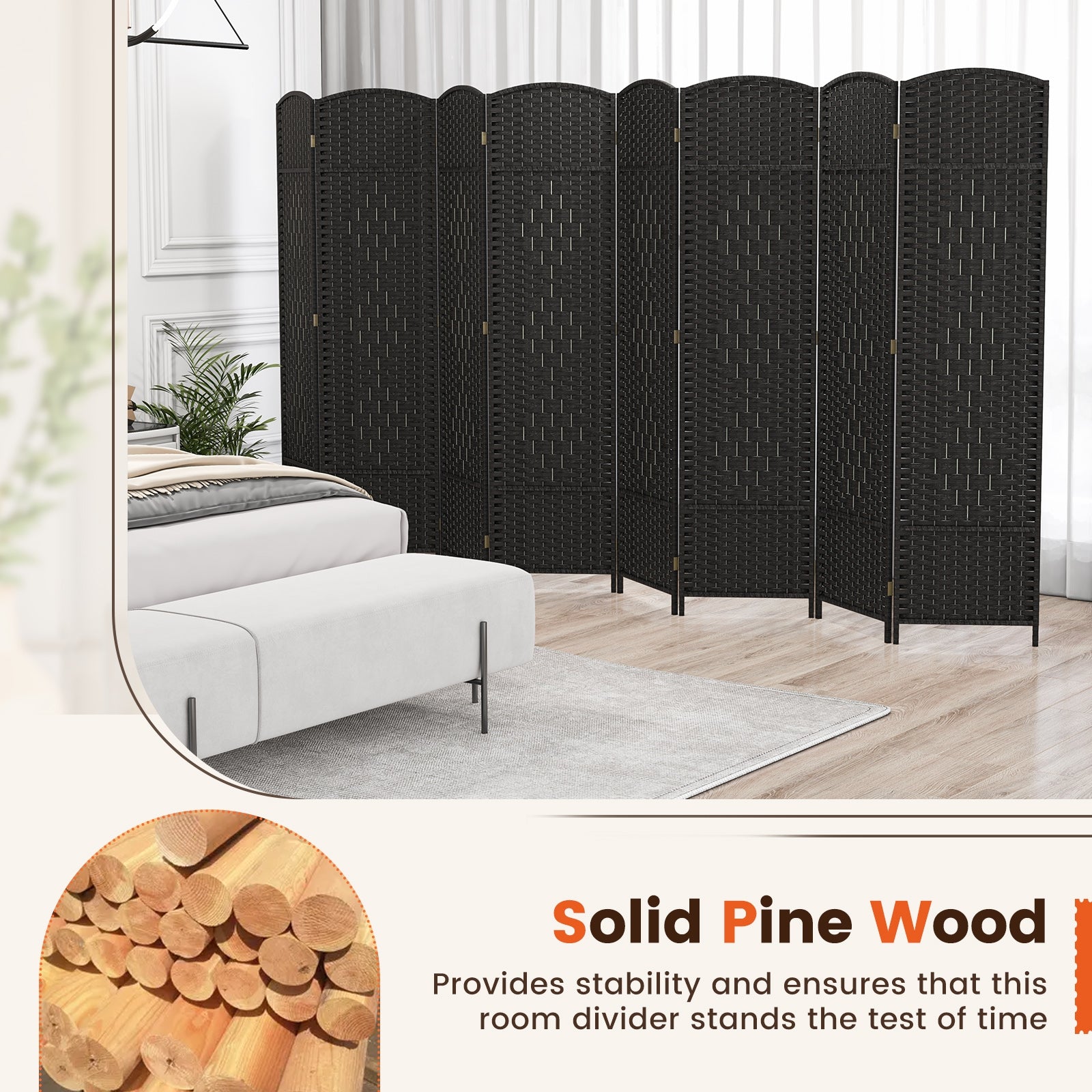 8-Panel Folding Room Divider with Hand-Woven Texture and Solid Wood Frame, Black Room Dividers   at Gallery Canada