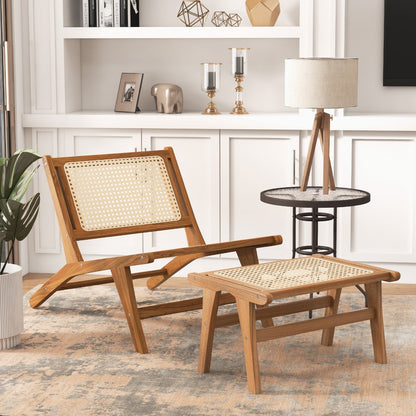 Natural Teak Wooden Foot Rest with Handwoven Rattan, Natural Ottomans   at Gallery Canada