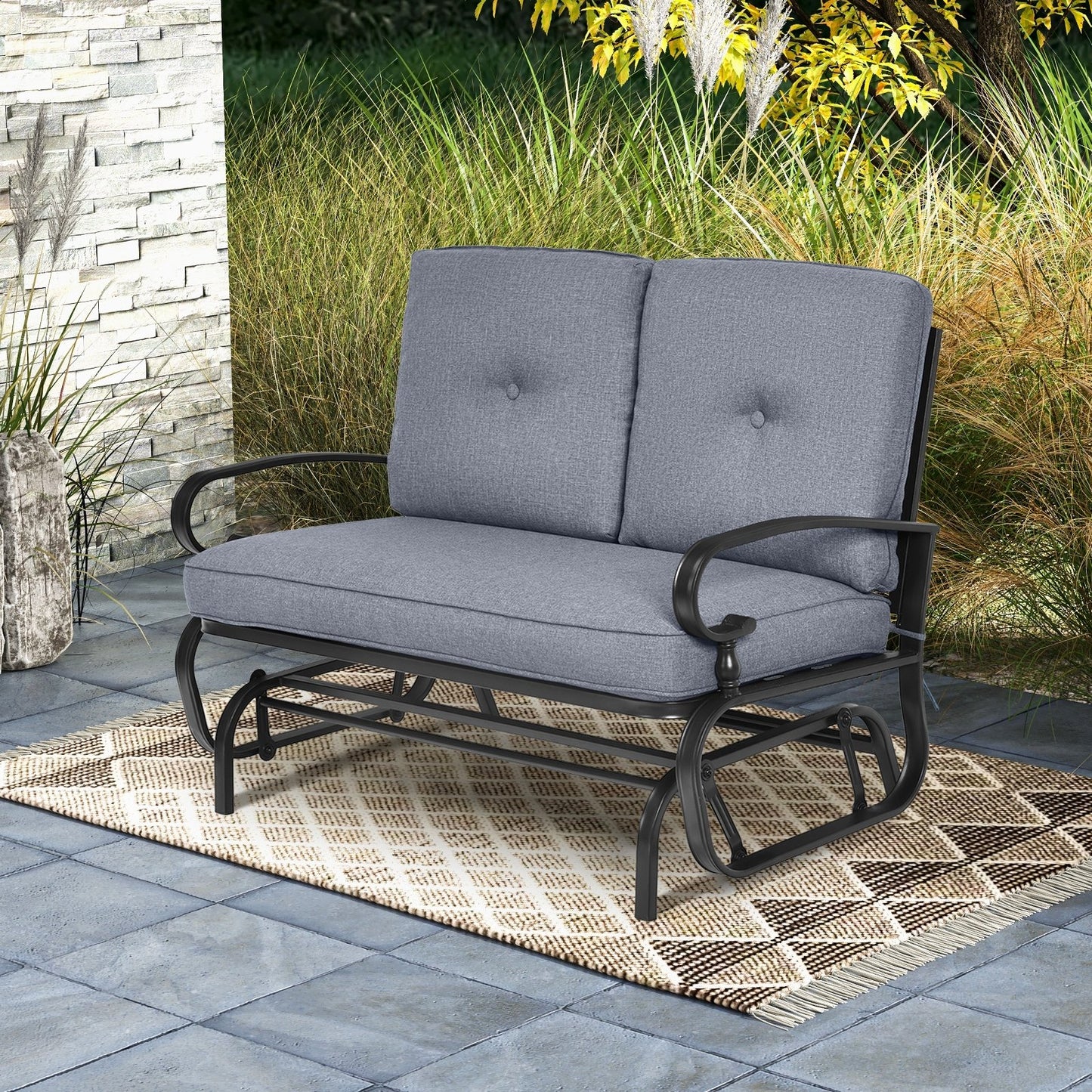 2 Seats Outdoor Swing Glider Chair with Comfortable Cushions, Gray Patio Rocking Chairs & Gliders   at Gallery Canada