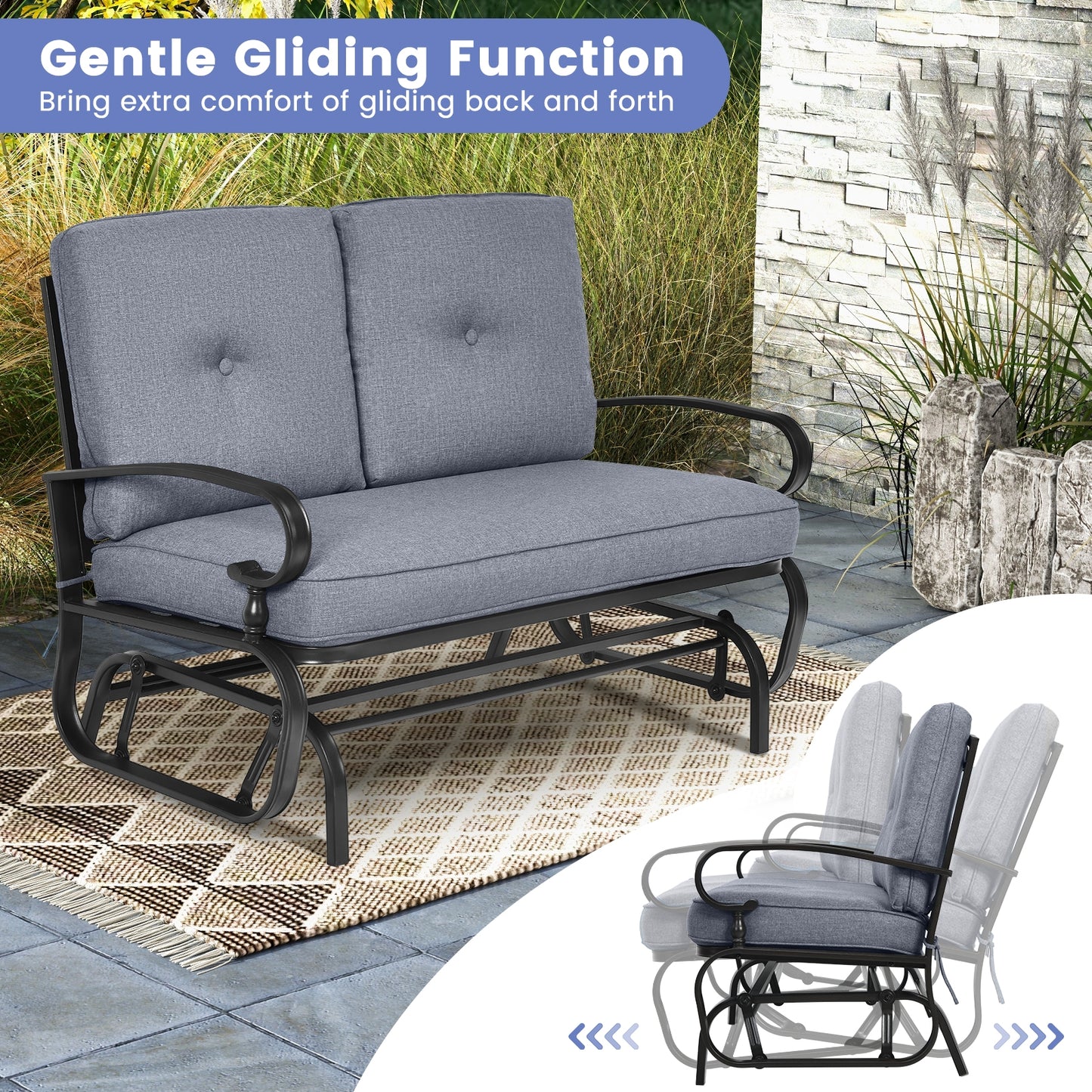 2 Seats Outdoor Swing Glider Chair with Comfortable Cushions, Gray Patio Rocking Chairs & Gliders   at Gallery Canada