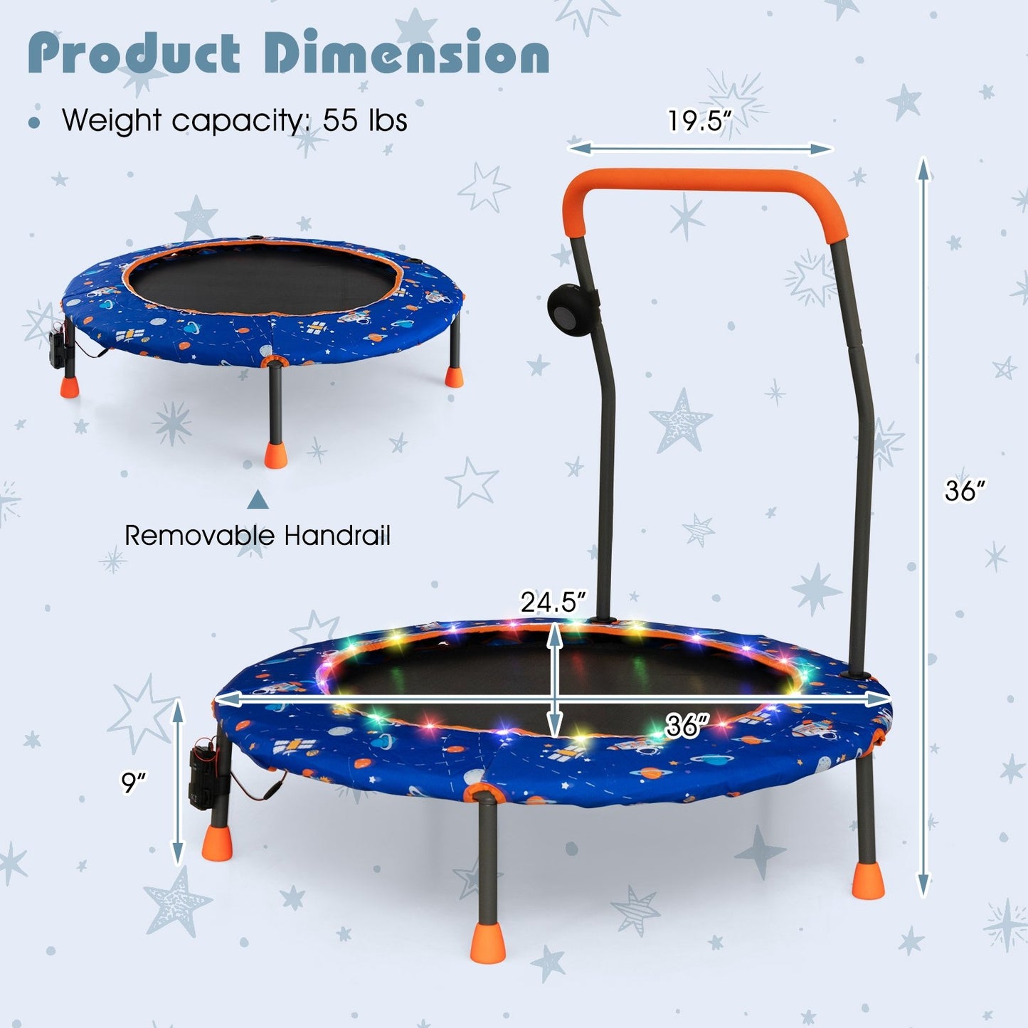 36 Inch Mini Trampoline with Colorful LED Lights and Bluetooth Speaker, Blue Trampolines   at Gallery Canada