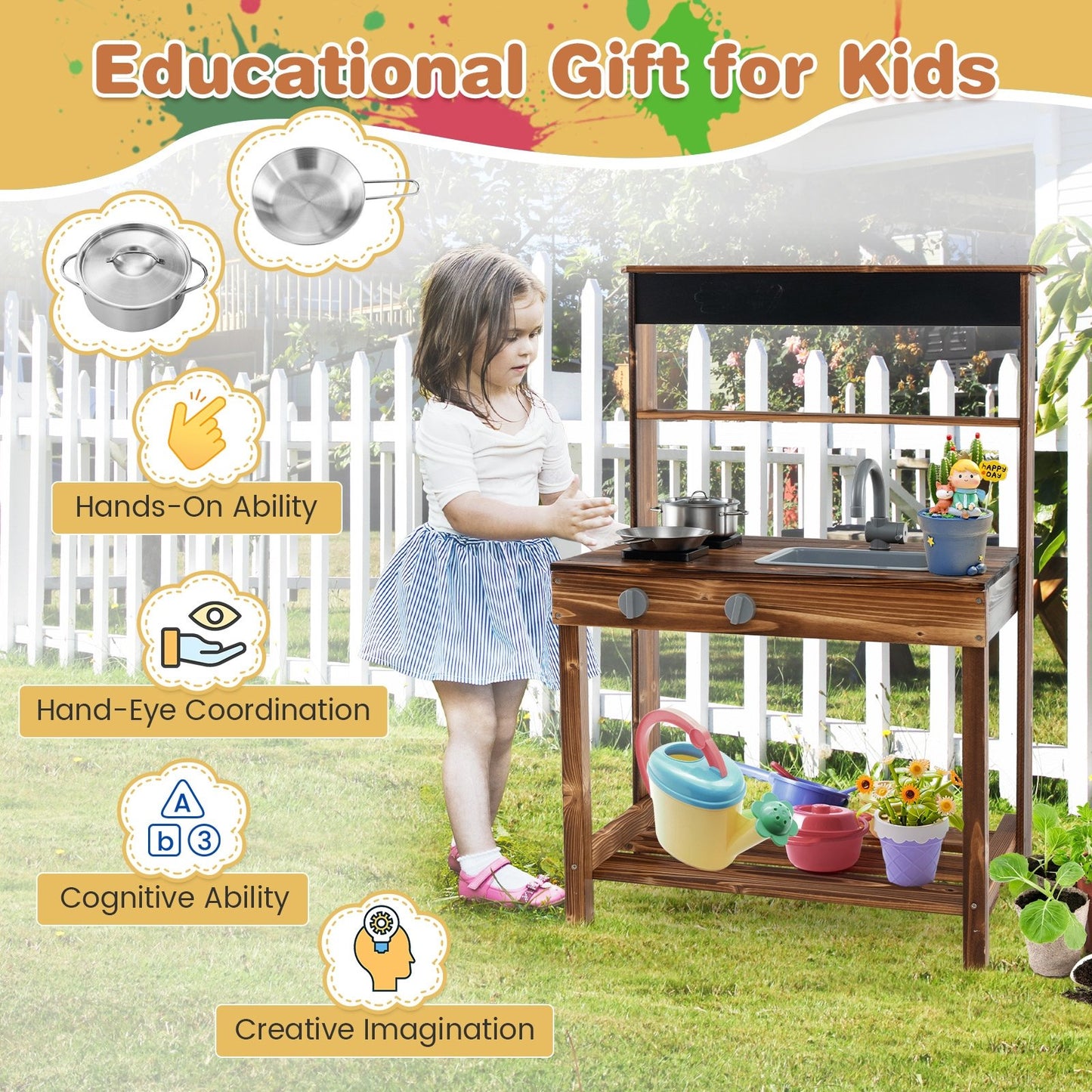 Outdoor Mud Kitchen for Kids with Rotatable Faucet and Removable Sink, Natural Play Kitchen Sets   at Gallery Canada