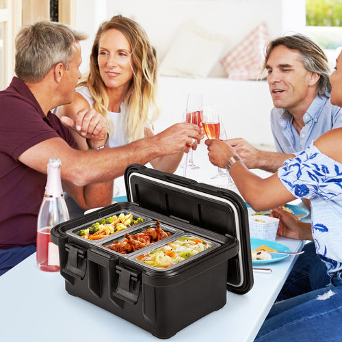 31 QT Insulated Food Pan Container with 3 Transparent One-Third Pans with Lids, Black