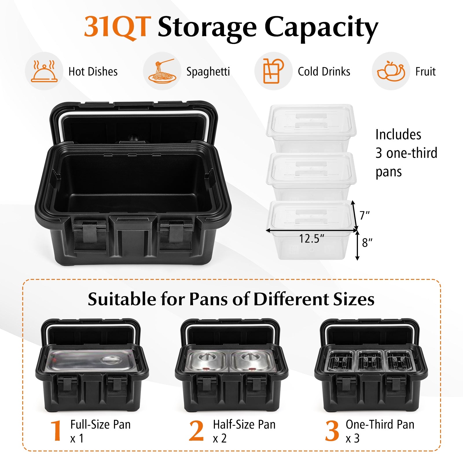 31 QT Insulated Food Pan Container with 3 Transparent One-Third Pans with Lids, Black Food Warmers & Burners   at Gallery Canada