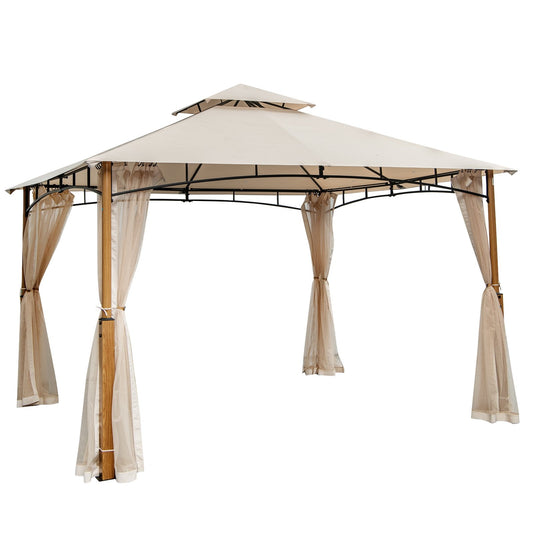 12 x 10 Feet Outdoor Patio Gazebo with Netting and 2-Tier Canopy Roof, Beige Gazebos Beige  at Gallery Canada