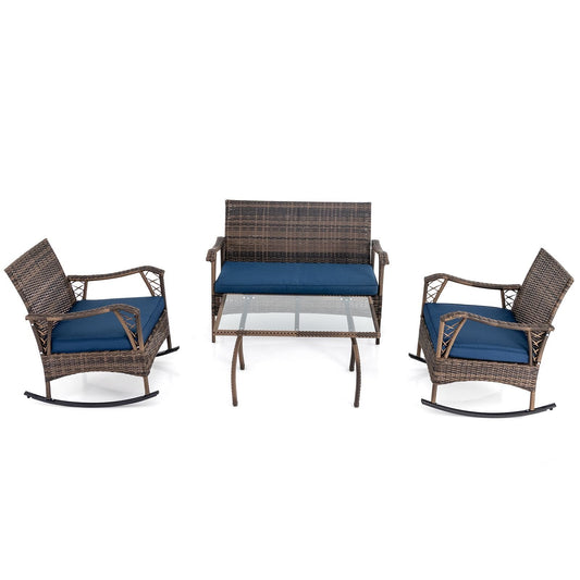 4 Pieces Wicker Rocking Set with Bungee Rope Seat for Porch Yard, Navy Patio Conversation Sets Navy  at Gallery Canada