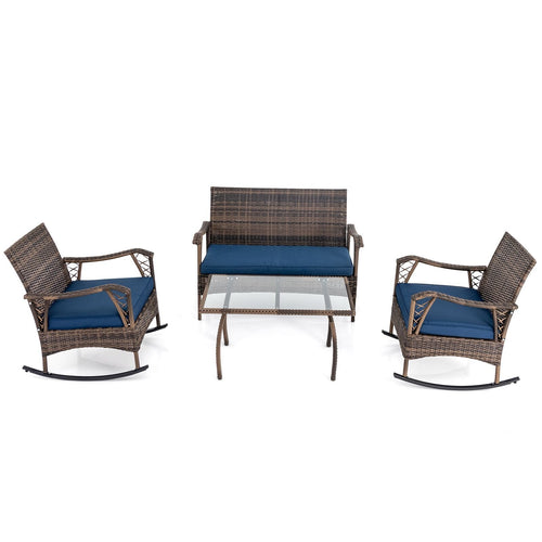 4 Pieces Wicker Rocking Set with Bungee Rope Seat for Porch Yard, Navy