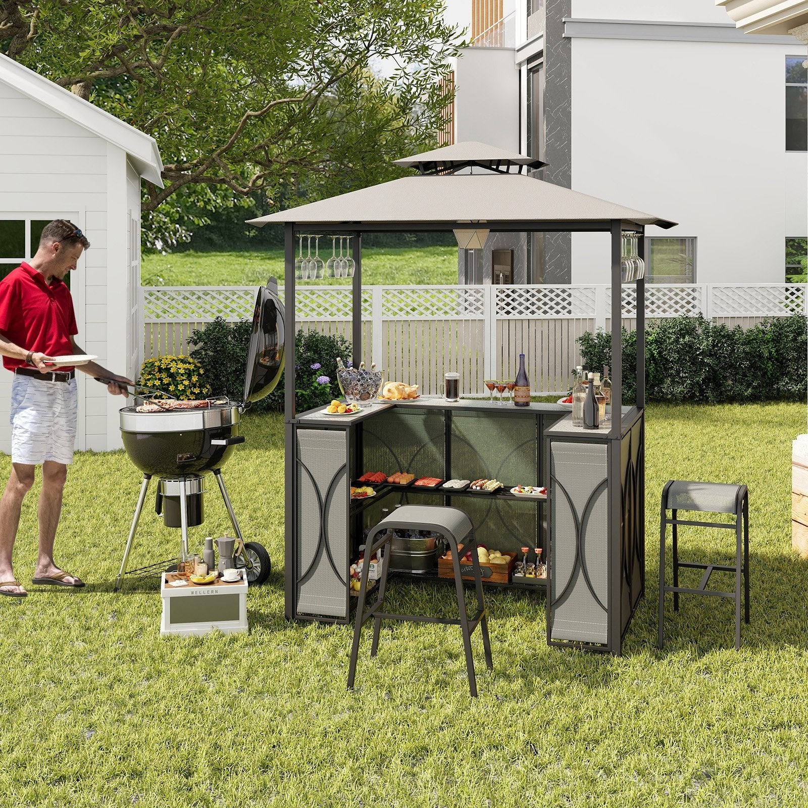 3-Piece Patio Bar Set Grill Gazebo & 2 Bar Stools with Tempered Glass Bar Table, Gray Patio Bar Furniture   at Gallery Canada