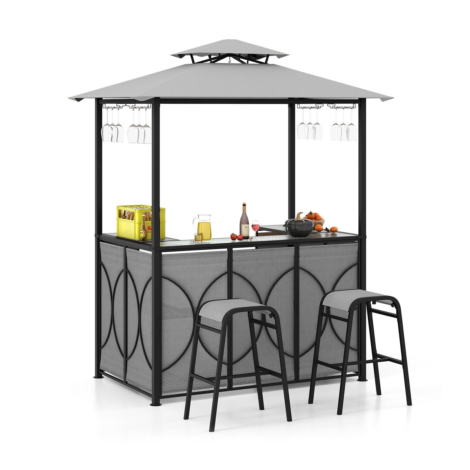 3-Piece Patio Bar Set Grill Gazebo & 2 Bar Stools with Tempered Glass Bar Table, Gray Patio Bar Furniture Gray  at Gallery Canada