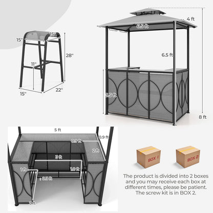 3-Piece Patio Bar Set Grill Gazebo & 2 Bar Stools with Tempered Glass Bar Table, Gray Patio Bar Furniture   at Gallery Canada