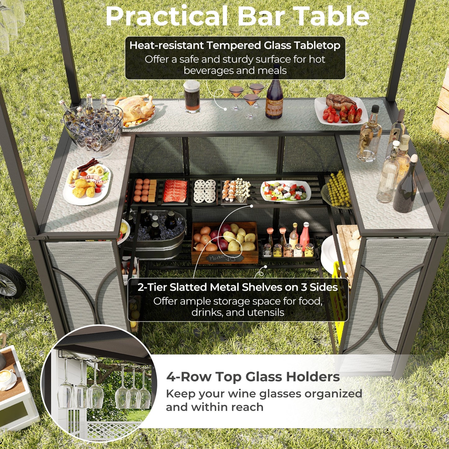 3-Piece Patio Bar Set Grill Gazebo & 2 Bar Stools with Tempered Glass Bar Table, Gray Patio Bar Furniture   at Gallery Canada