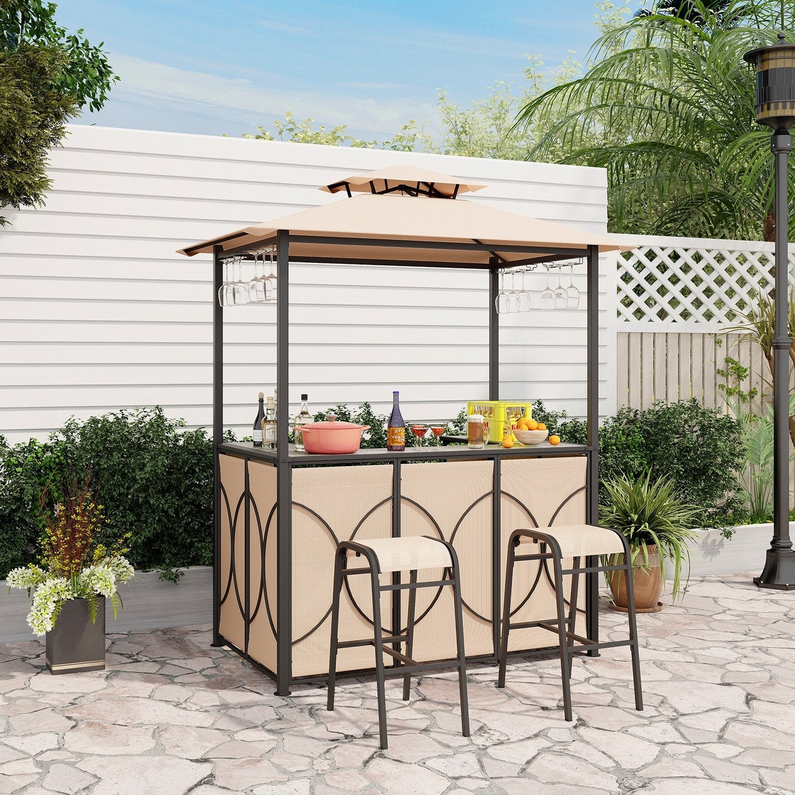 3-Piece Patio Bar Set Grill Gazebo & 2 Bar Stools with Tempered Glass Bar Table, Brown Patio Bar Furniture   at Gallery Canada