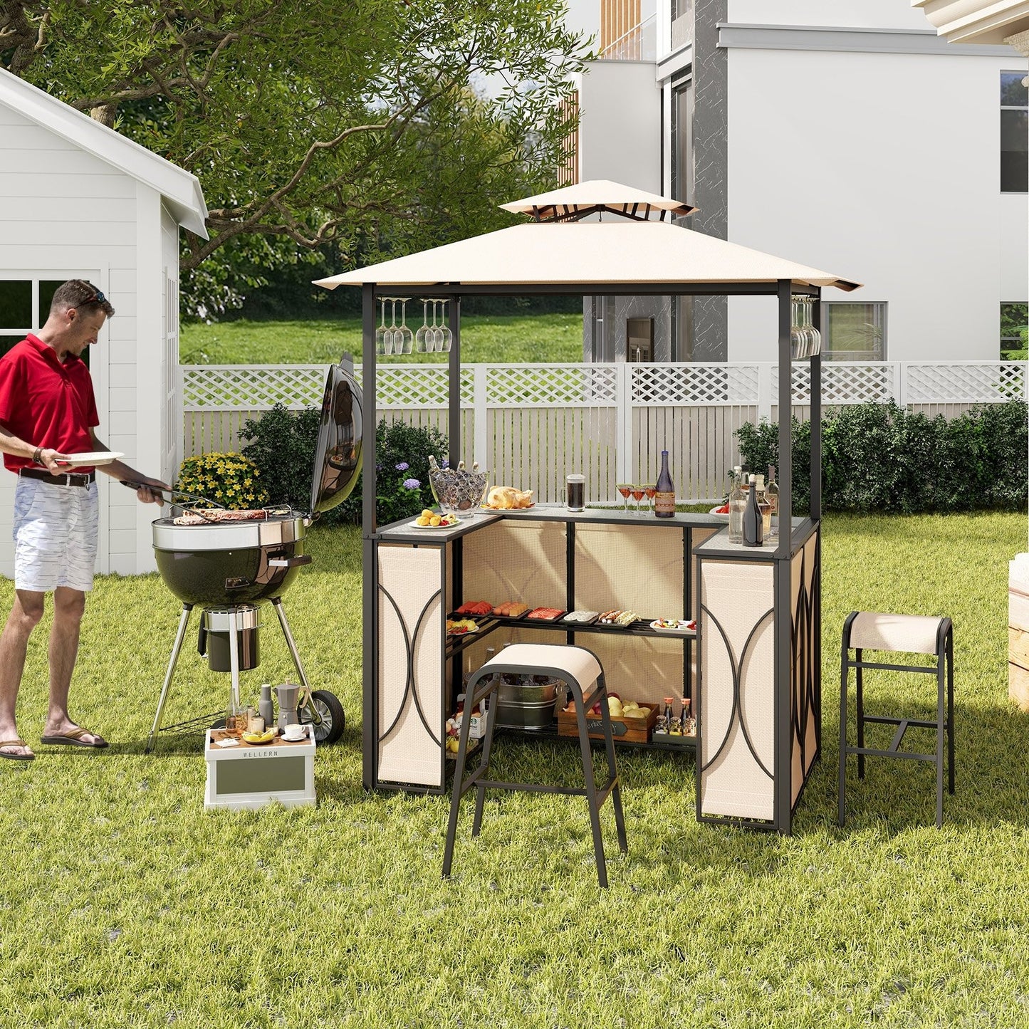 3-Piece Patio Bar Set Grill Gazebo & 2 Bar Stools with Tempered Glass Bar Table, Brown Patio Bar Furniture   at Gallery Canada