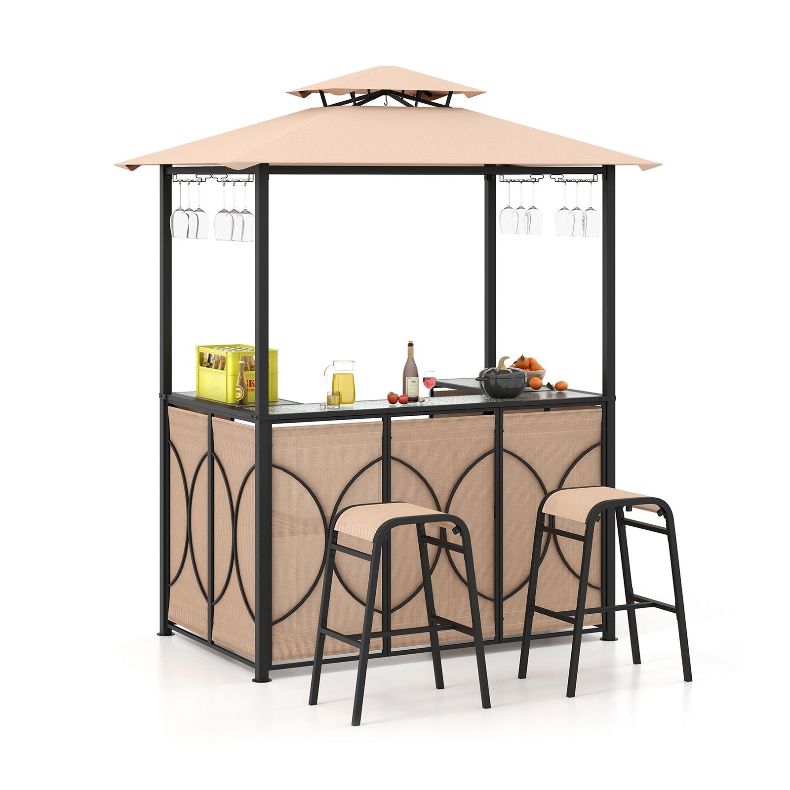 3-Piece Patio Bar Set Grill Gazebo & 2 Bar Stools with Tempered Glass Bar Table, Brown Patio Bar Furniture Brown  at Gallery Canada