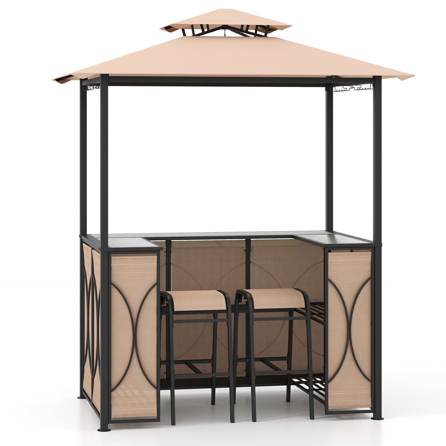 3-Piece Patio Bar Set Grill Gazebo & 2 Bar Stools with Tempered Glass Bar Table, Brown Patio Bar Furniture   at Gallery Canada