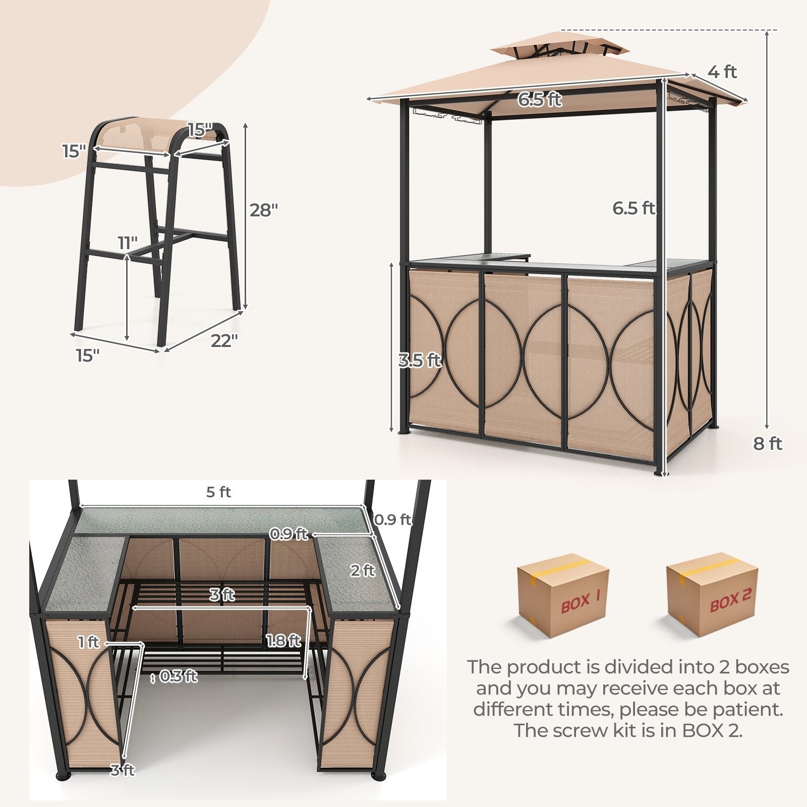 3-Piece Patio Bar Set Grill Gazebo & 2 Bar Stools with Tempered Glass Bar Table, Brown Patio Bar Furniture   at Gallery Canada