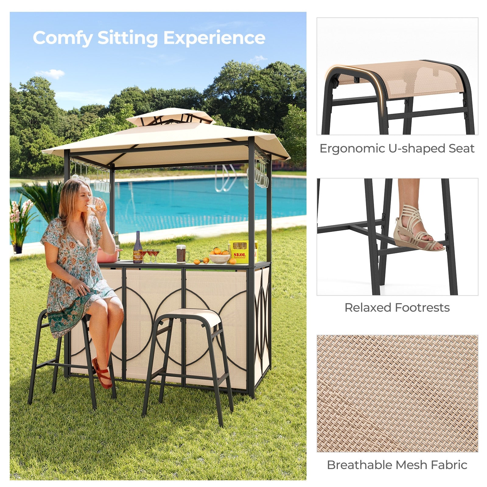 3-Piece Patio Bar Set Grill Gazebo & 2 Bar Stools with Tempered Glass Bar Table, Brown Patio Bar Furniture   at Gallery Canada