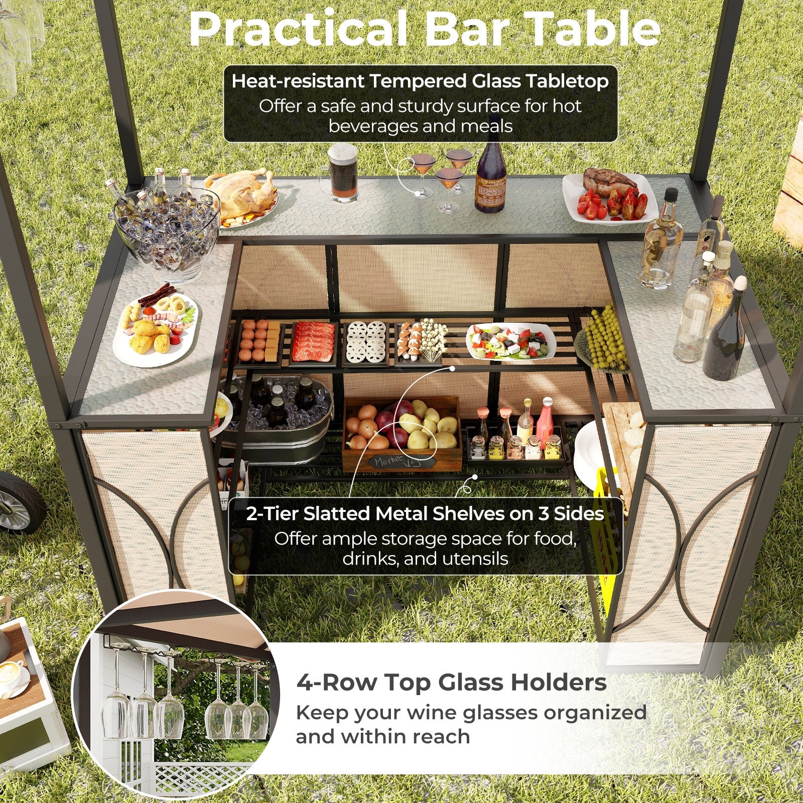 3-Piece Patio Bar Set Grill Gazebo & 2 Bar Stools with Tempered Glass Bar Table, Brown Patio Bar Furniture   at Gallery Canada