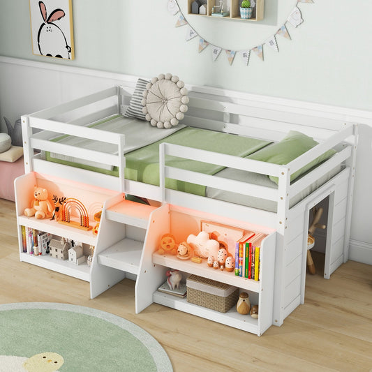 Twin Size Loft Bed with LED Lights with Staircase and Safety Guardrail, White Bunk Bed Frame White  at Gallery Canada