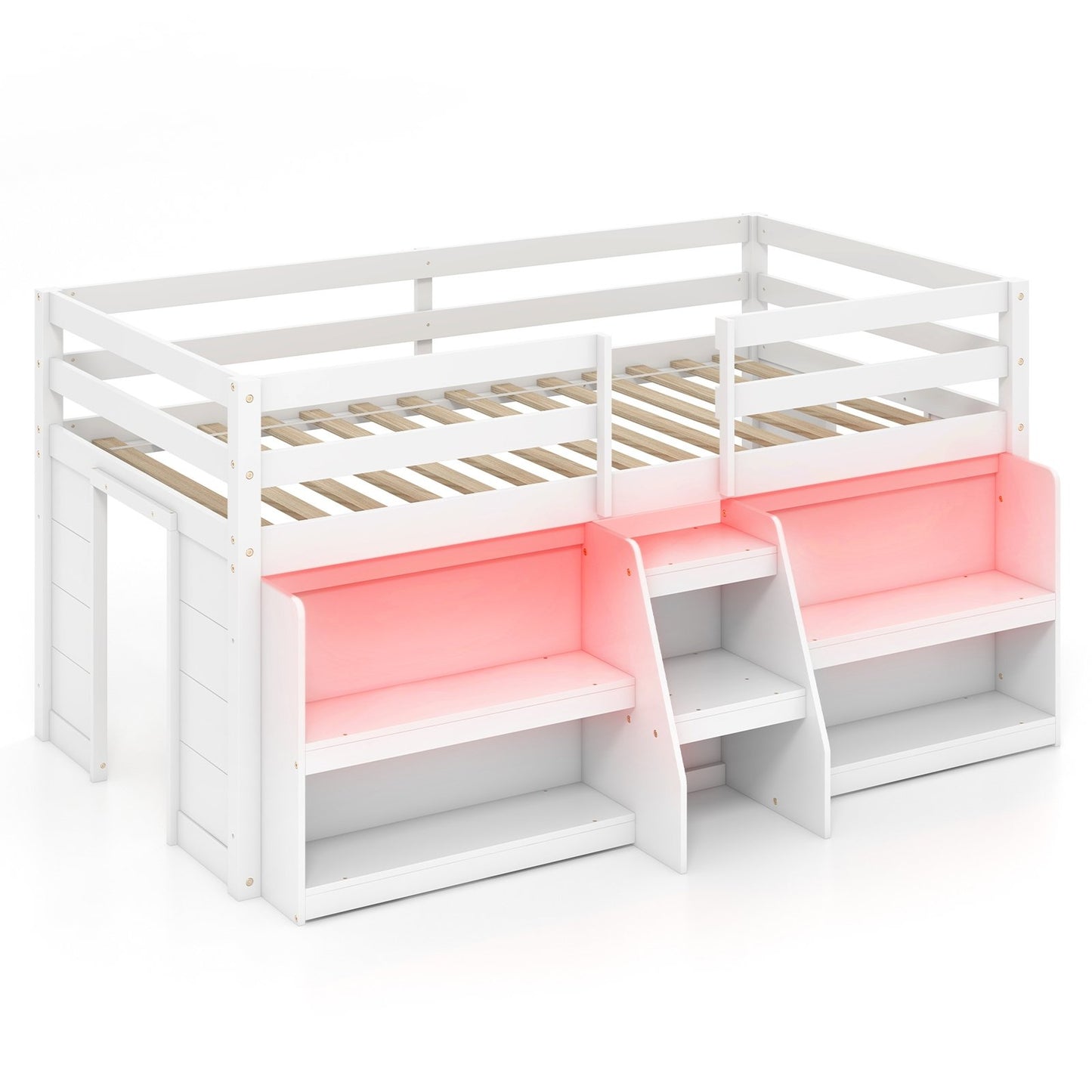 Twin Size Loft Bed with LED Lights with Staircase and Safety Guardrail, White Bunk Bed Frame White  at Gallery Canada