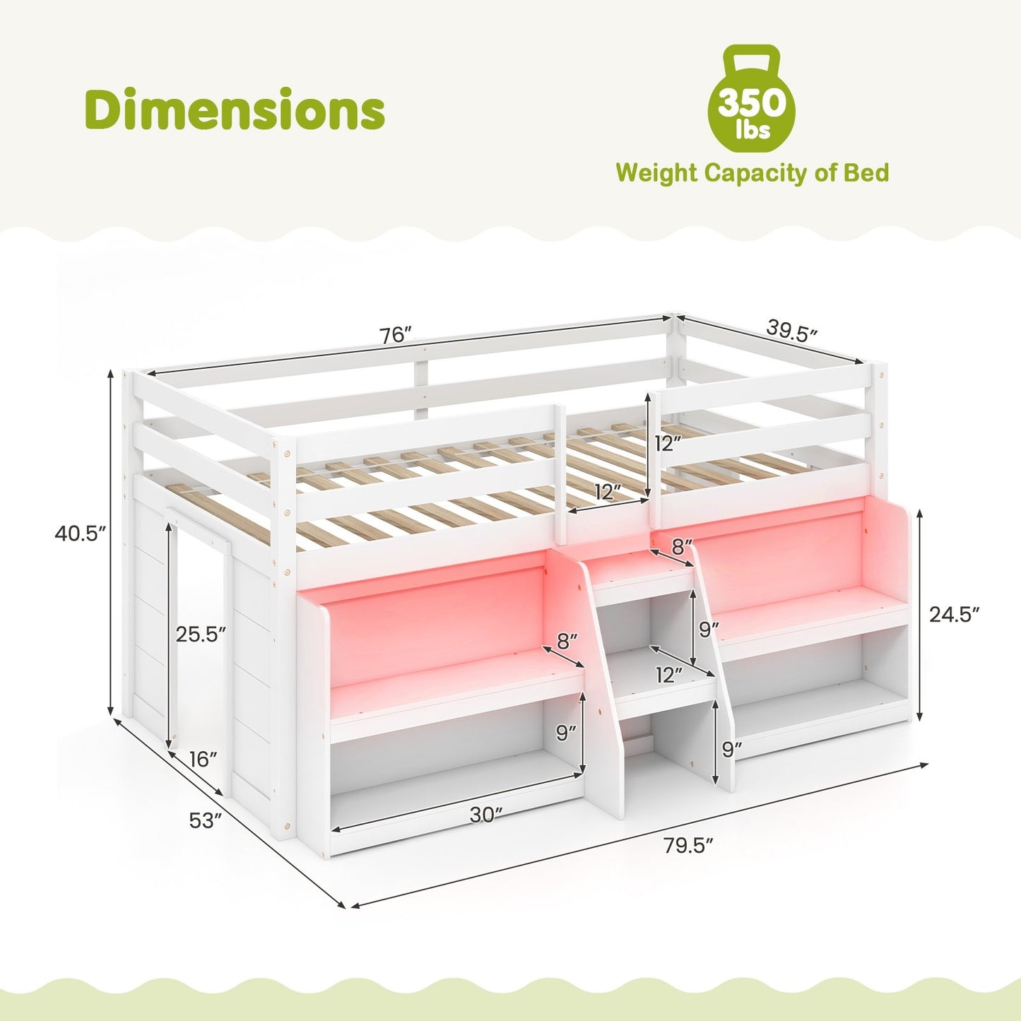 Twin Size Loft Bed with LED Lights with Staircase and Safety Guardrail, White Bunk Bed Frame   at Gallery Canada