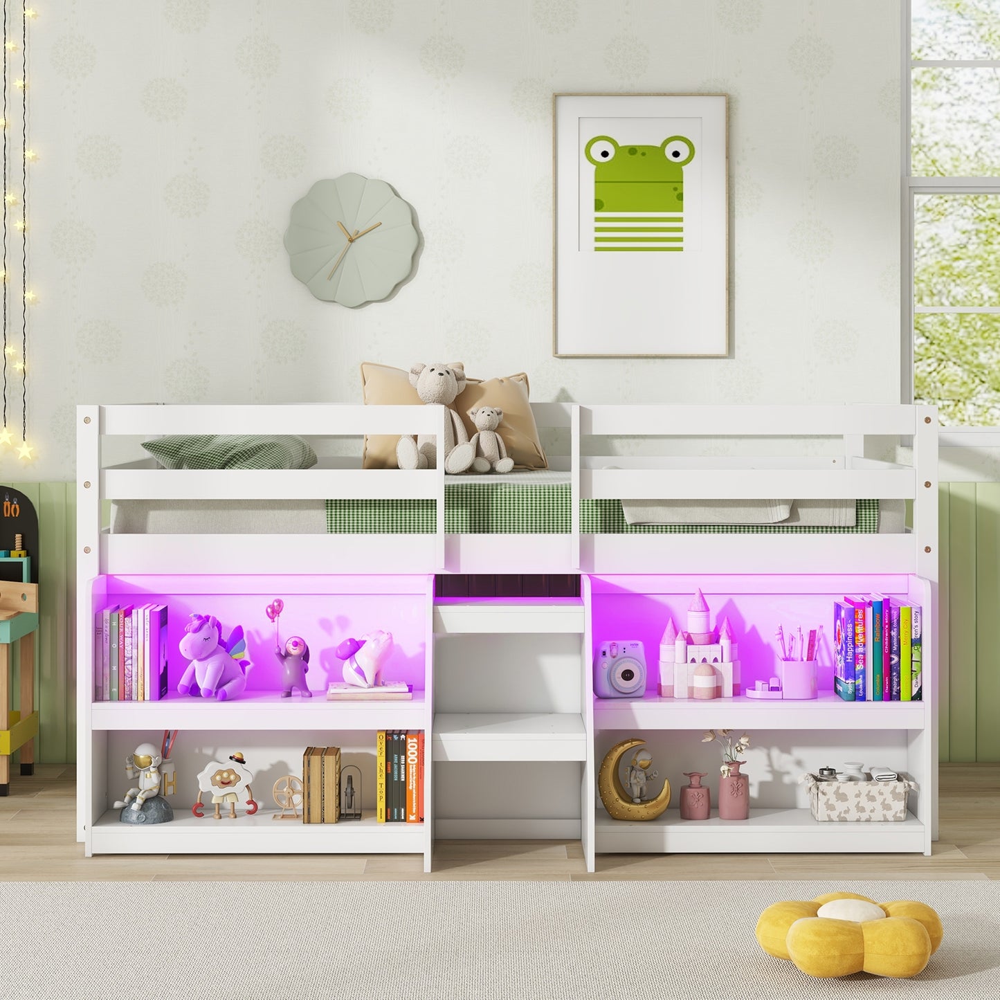 Twin Size Loft Bed with LED Lights with Staircase and Safety Guardrail, White Bunk Bed Frame   at Gallery Canada