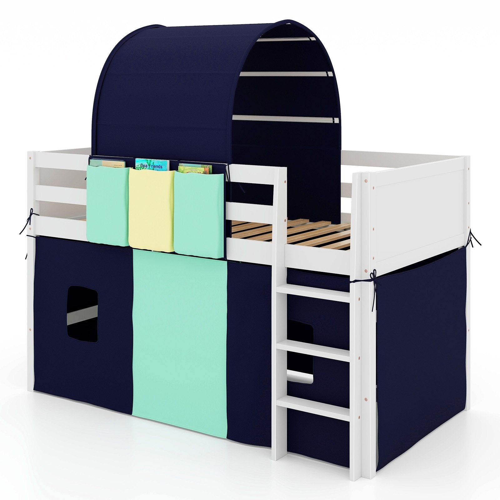 Twin Size Loft Bed Playhouse Bed Frame with Tower Tent and 3 Storage Pockets, Navy Bunk Bed Frame Navy  at Gallery Canada