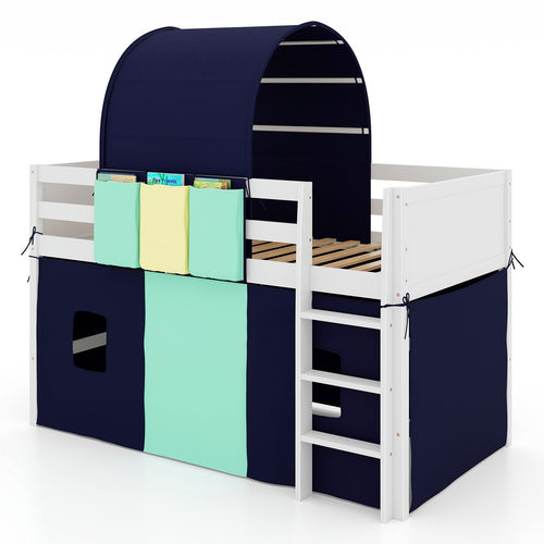 Twin Size Loft Bed Playhouse Bed Frame with Tower Tent and 3 Storage Pockets, Navy