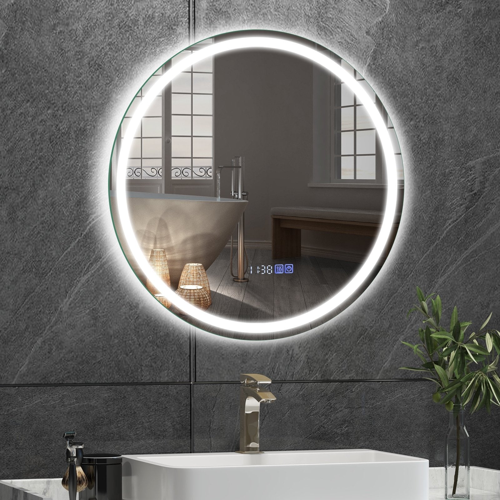 24 Inch Anti-Fog Bathroom Wall Mirror with 3-Color LED Lights and Temperature Display Wall Mirrors   at Gallery Canada