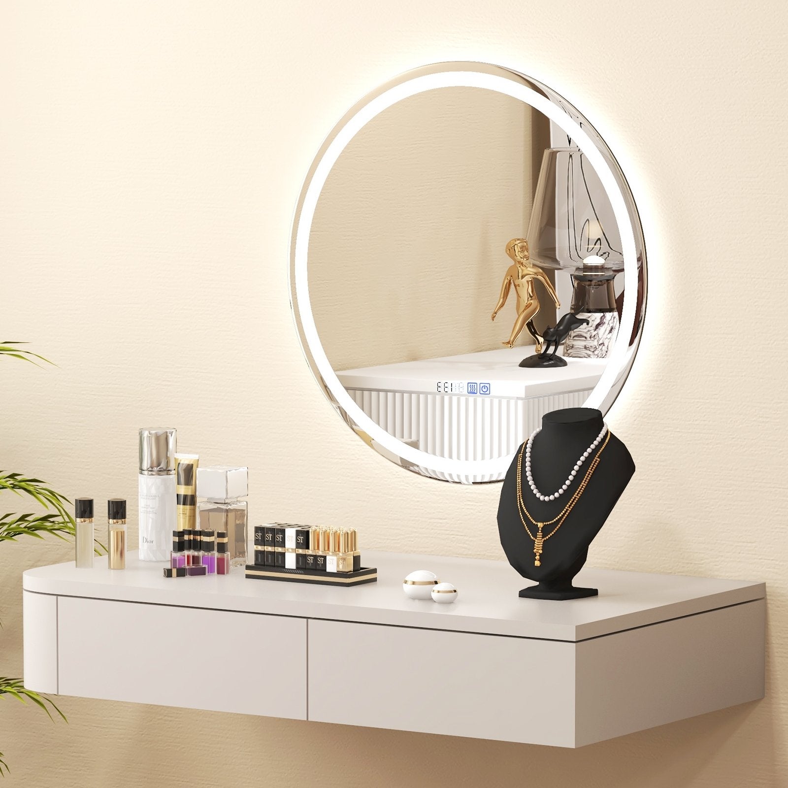 24 Inch Anti-Fog Bathroom Wall Mirror with 3-Color LED Lights and Temperature Display Wall Mirrors   at Gallery Canada