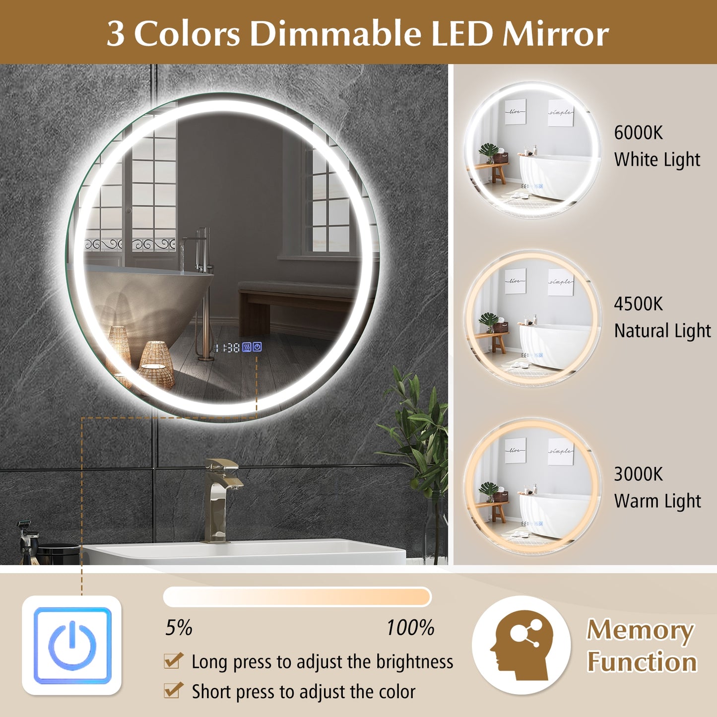 24 Inch Anti-Fog Bathroom Wall Mirror with 3-Color LED Lights and Temperature Display Wall Mirrors   at Gallery Canada