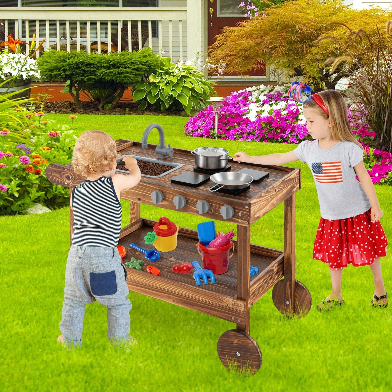 Outdoor Movable Mud Kitchen with 2 Rolling Wheels and 1 Push Handle, Natural Play Kitchen Sets   at Gallery Canada