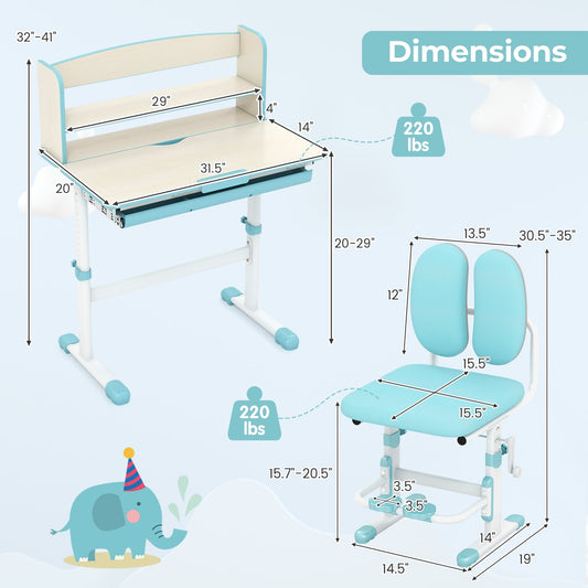 Kids Desk and Chair Set with Adjustable Height and Tilted Desktop, Blue Kids Table & Chair Sets Blue  at Gallery Canada