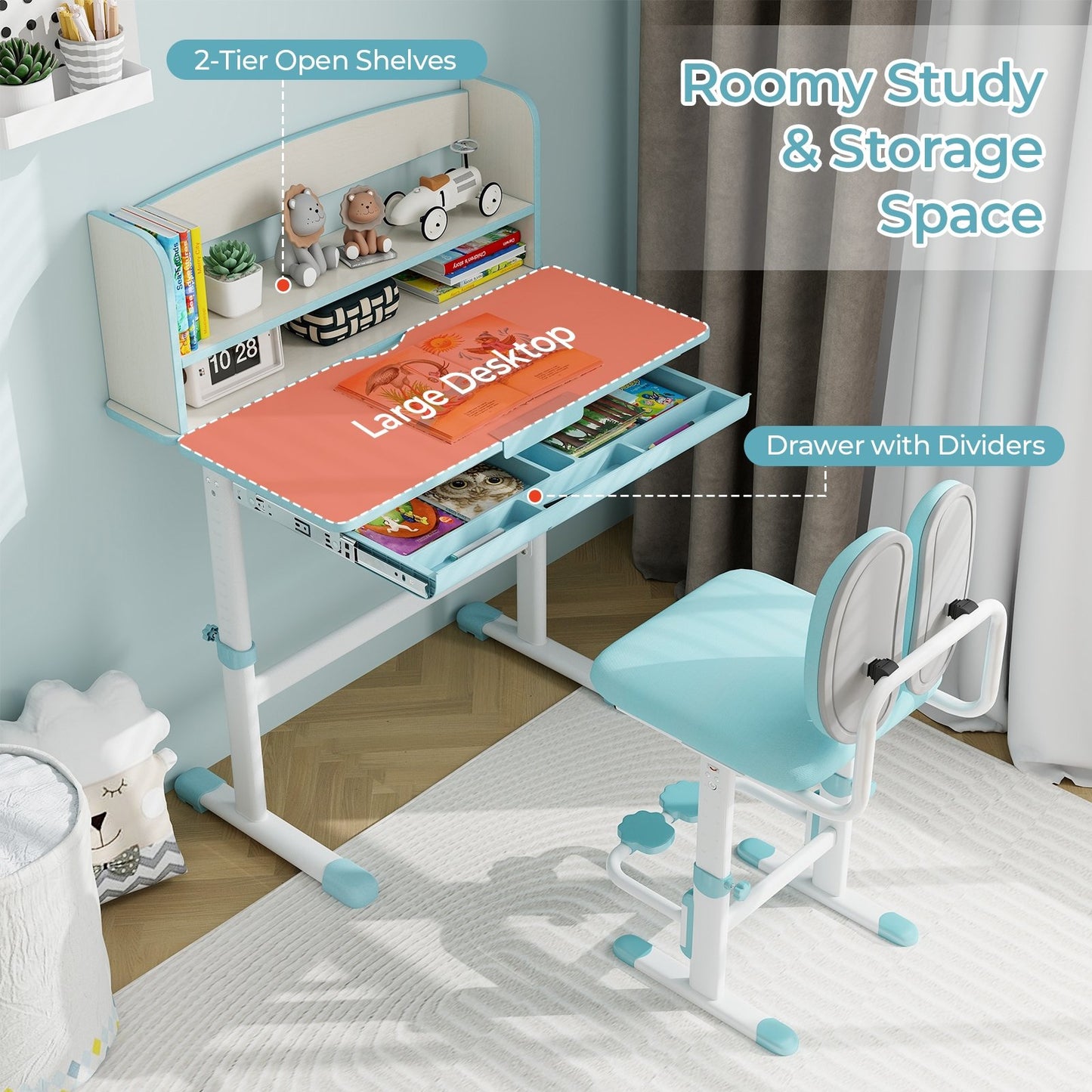 Kids Desk and Chair Set with Adjustable Height and Tilted Desktop, Blue Kids Table & Chair Sets   at Gallery Canada