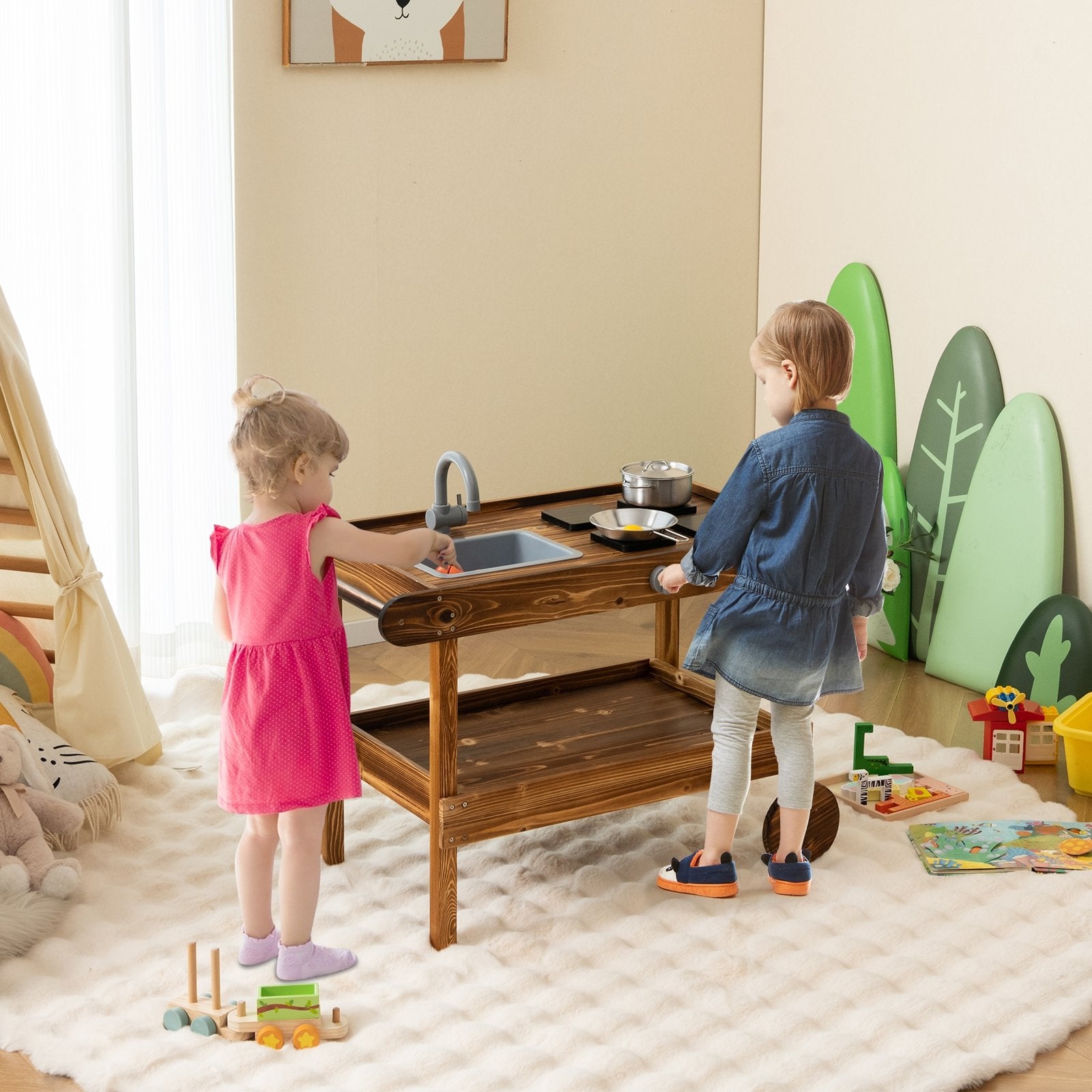 Outdoor Movable Mud Kitchen with 2 Rolling Wheels and 1 Push Handle, Natural Play Kitchen Sets   at Gallery Canada