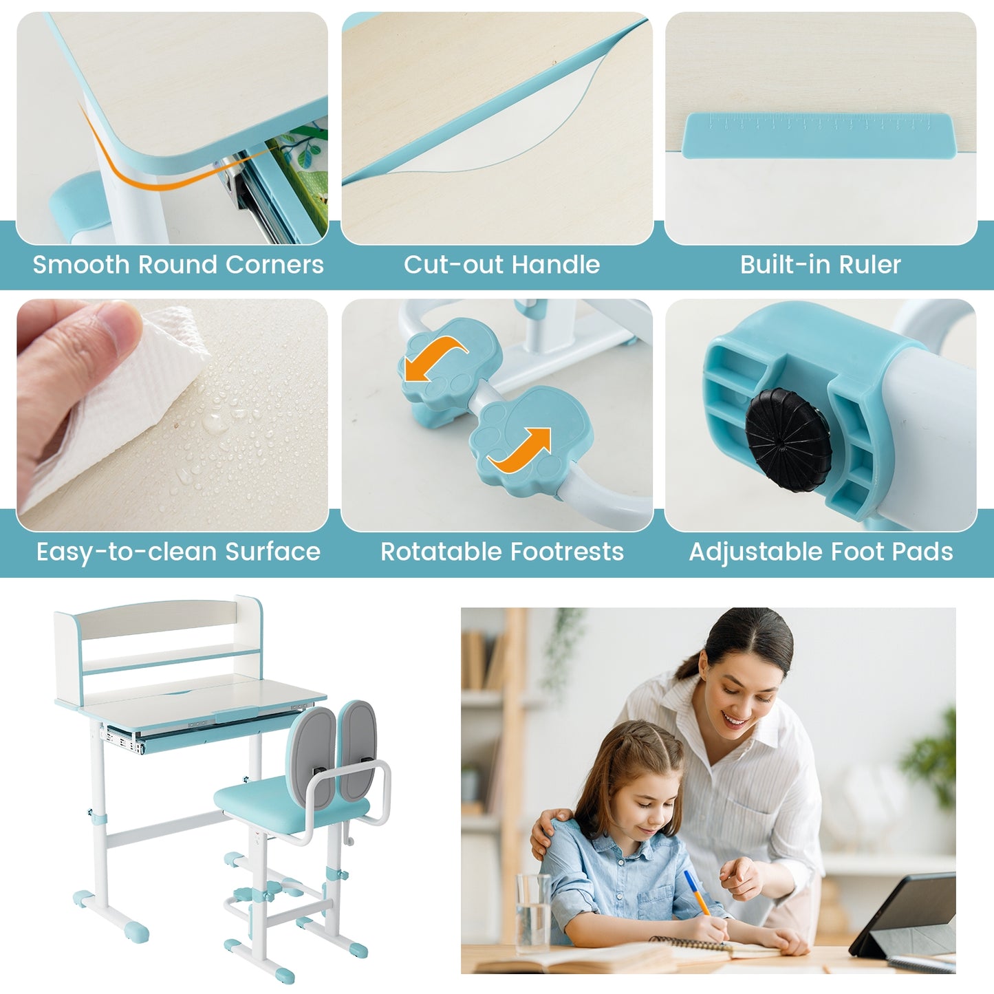 Kids Desk and Chair Set with Adjustable Height and Tilted Desktop, Blue Kids Table & Chair Sets   at Gallery Canada