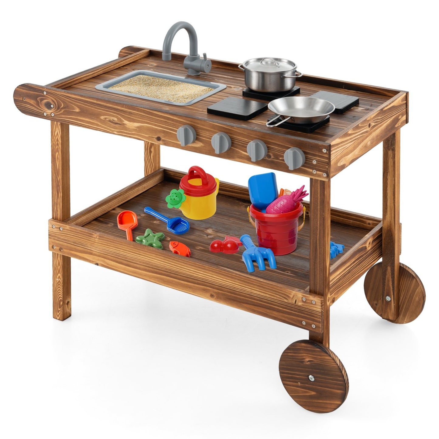 Outdoor Movable Mud Kitchen with 2 Rolling Wheels and 1 Push Handle, Natural Play Kitchen Sets   at Gallery Canada