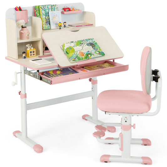 Height Adjustable Children School Home Study Table and Chair Set with Tilted Desktop for 3-12 Years Old, Pink Kids Table & Chair Sets Pink  at Gallery Canada