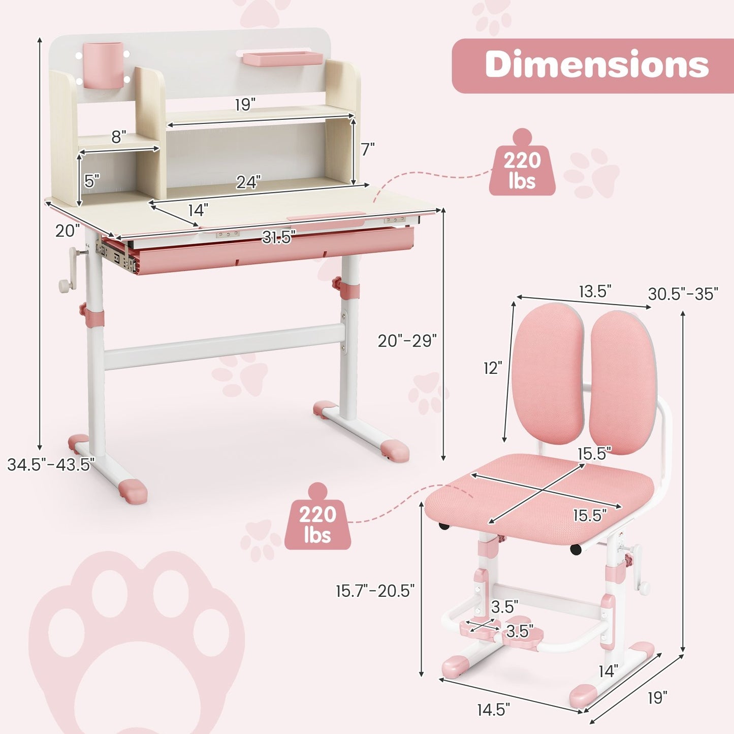 Height Adjustable Children School Home Study Table and Chair Set with Tilted Desktop for 3-12 Years Old, Pink Kids Table & Chair Sets   at Gallery Canada