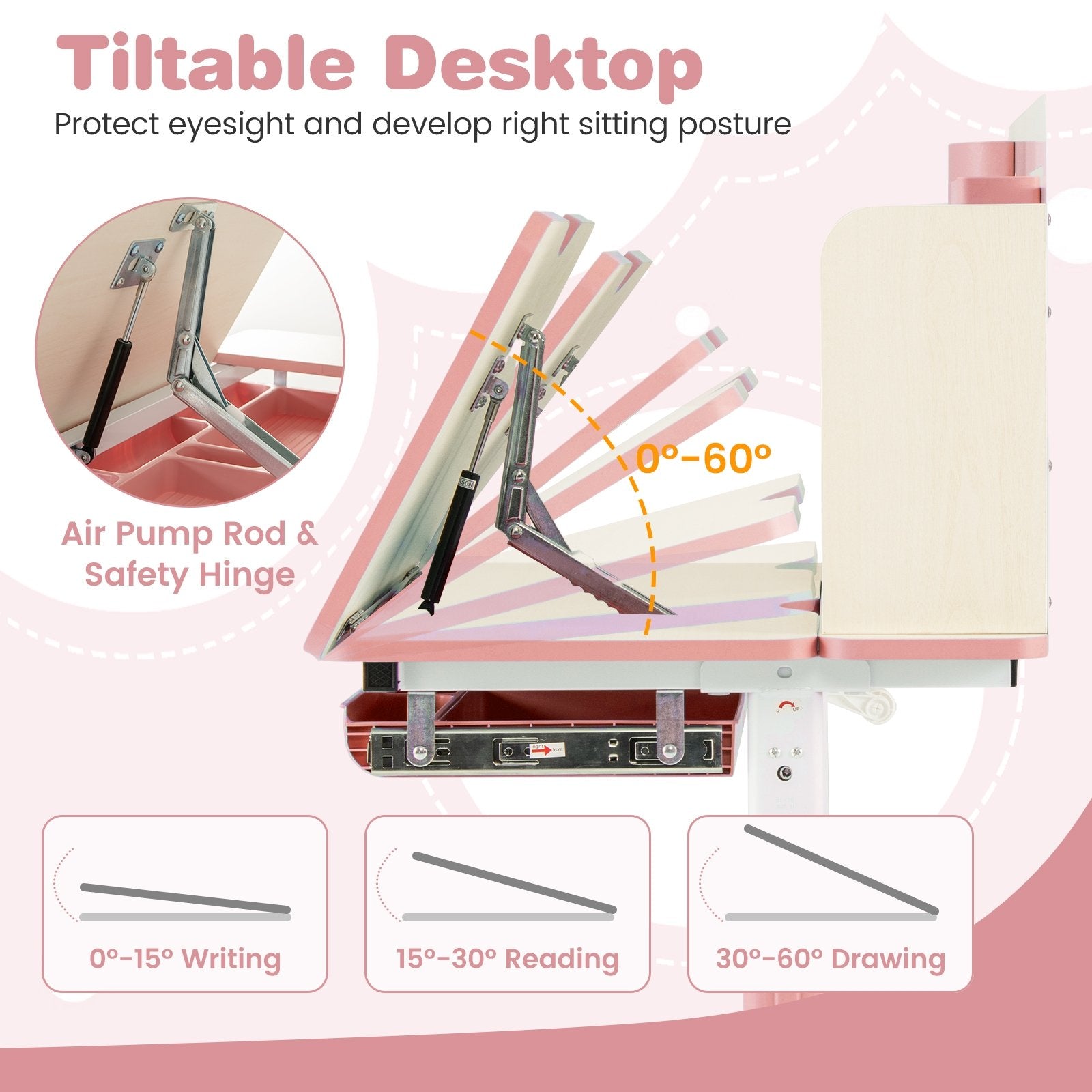 Height Adjustable Children School Home Study Table and Chair Set with Tilted Desktop for 3-12 Years Old, Pink Kids Table & Chair Sets   at Gallery Canada