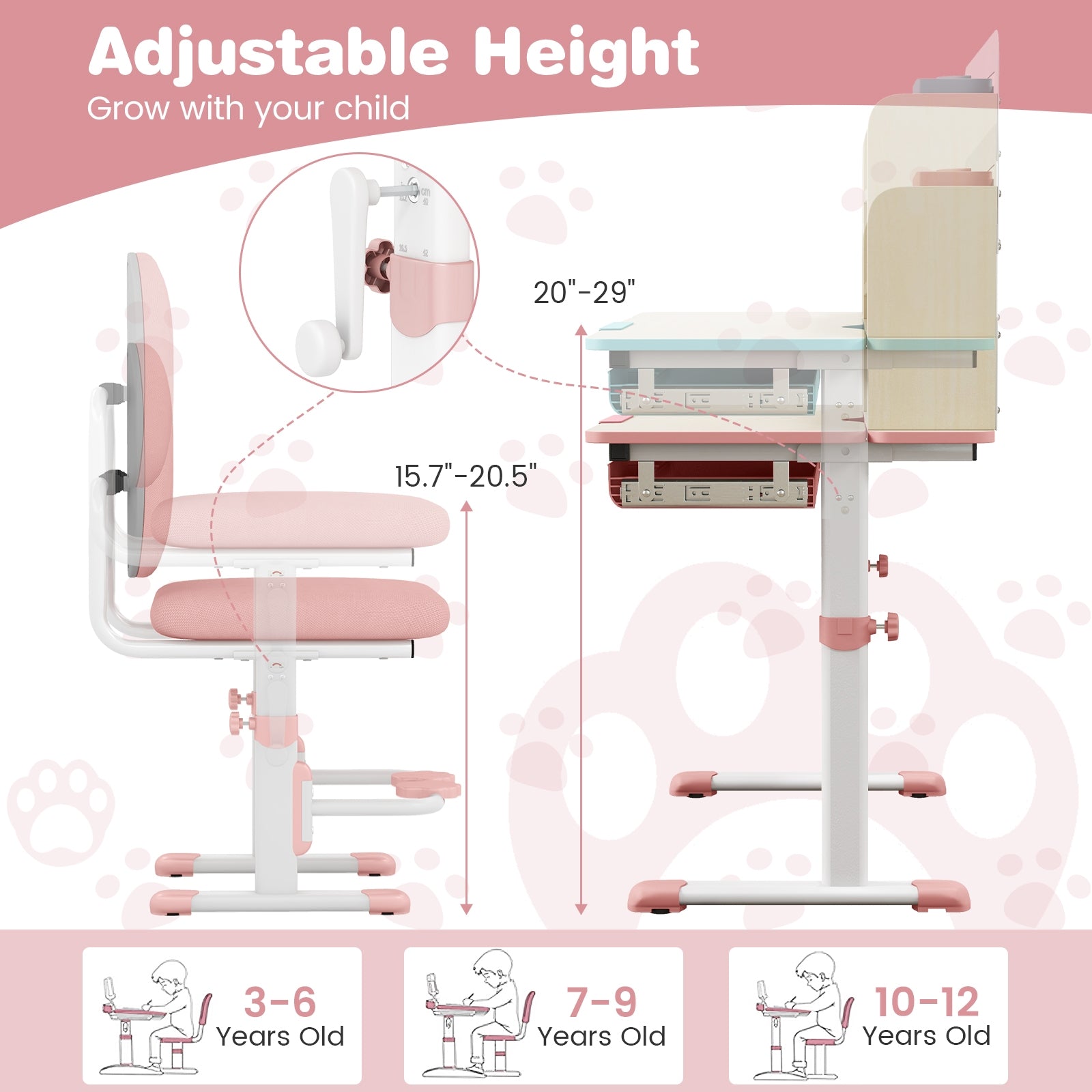 Height Adjustable Children School Home Study Table and Chair Set with Tilted Desktop for 3-12 Years Old, Pink Kids Table & Chair Sets   at Gallery Canada