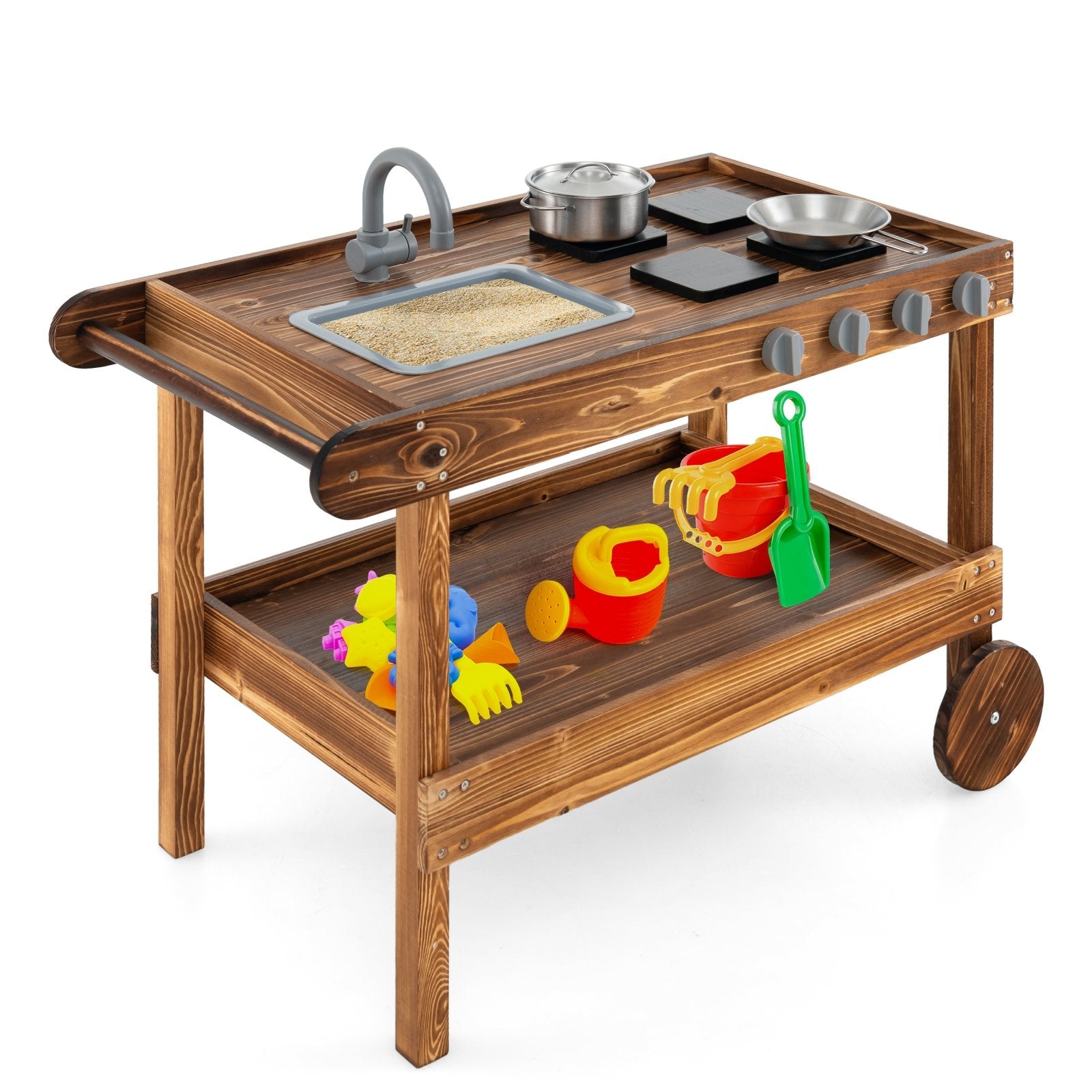 Outdoor Movable Mud Kitchen with 2 Rolling Wheels and 1 Push Handle, Natural Play Kitchen Sets   at Gallery Canada