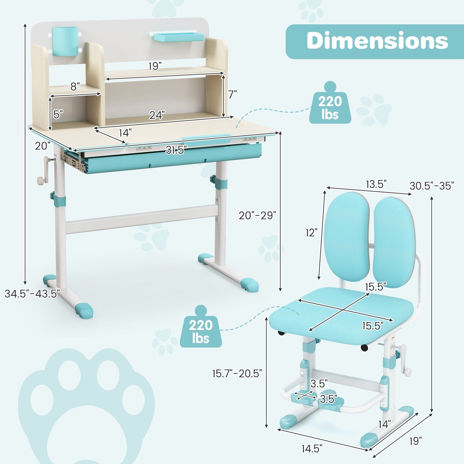 Height Adjustable Children School Home Study Table and Chair Set with Tilted Desktop for 3-12 Years Old, Blue Kids Table & Chair Sets   at Gallery Canada