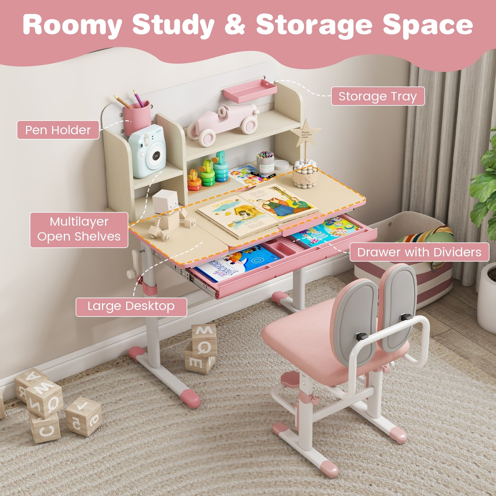 Height Adjustable Children School Home Study Table and Chair Set with Tilted Desktop for 3-12 Years Old, Pink Kids Table & Chair Sets   at Gallery Canada