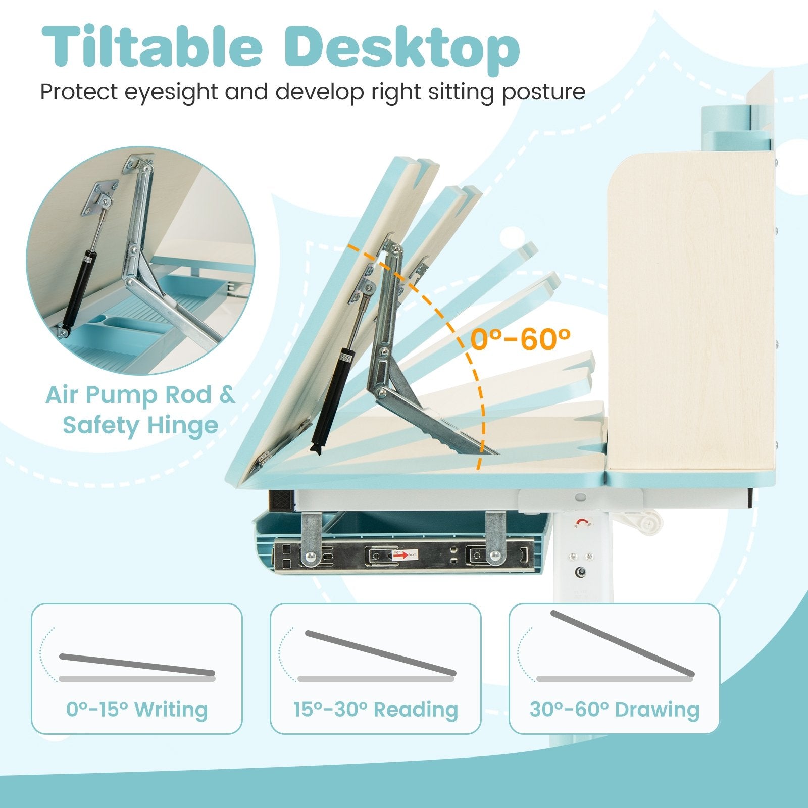 Height Adjustable Children School Home Study Table and Chair Set with Tilted Desktop for 3-12 Years Old, Blue Kids Table & Chair Sets   at Gallery Canada