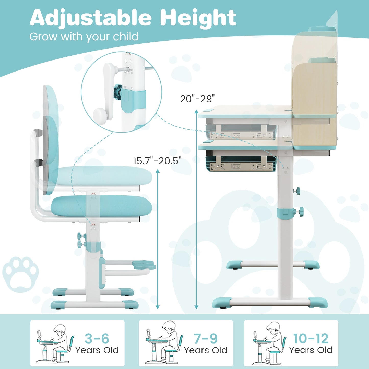 Height Adjustable Children School Home Study Table and Chair Set with Tilted Desktop for 3-12 Years Old, Blue Kids Table & Chair Sets   at Gallery Canada