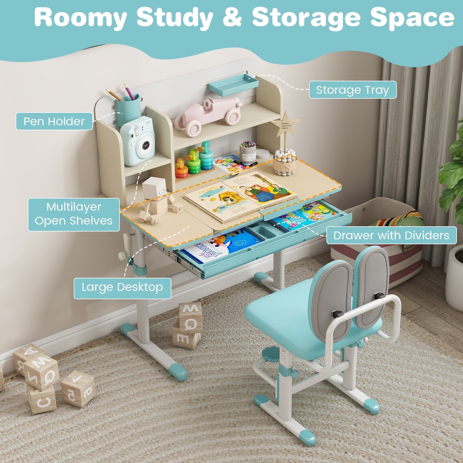 Height Adjustable Children School Home Study Table and Chair Set with Tilted Desktop for 3-12 Years Old, Blue Kids Table & Chair Sets   at Gallery Canada