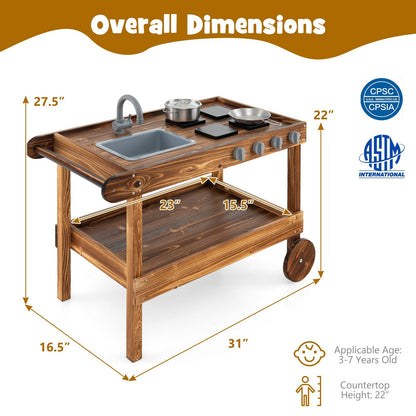 Outdoor Movable Mud Kitchen with 2 Rolling Wheels and 1 Push Handle, Natural Play Kitchen Sets   at Gallery Canada