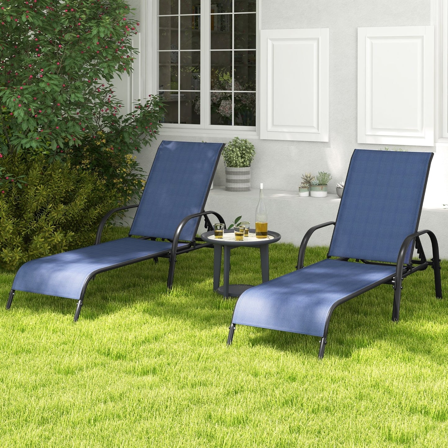 2 Pcs Outdoor Patio Lounge Chair Chaise Fabric with Adjustable Reclining Armrest, Navy Outdoor Chaise Lounges   at Gallery Canada