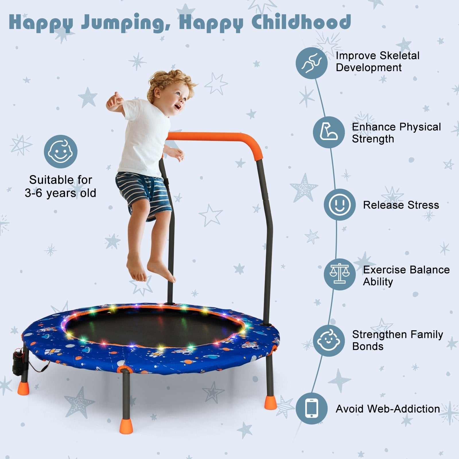 36 Inch Mini Trampoline with Colorful LED Lights and Bluetooth Speaker, Blue Trampolines   at Gallery Canada